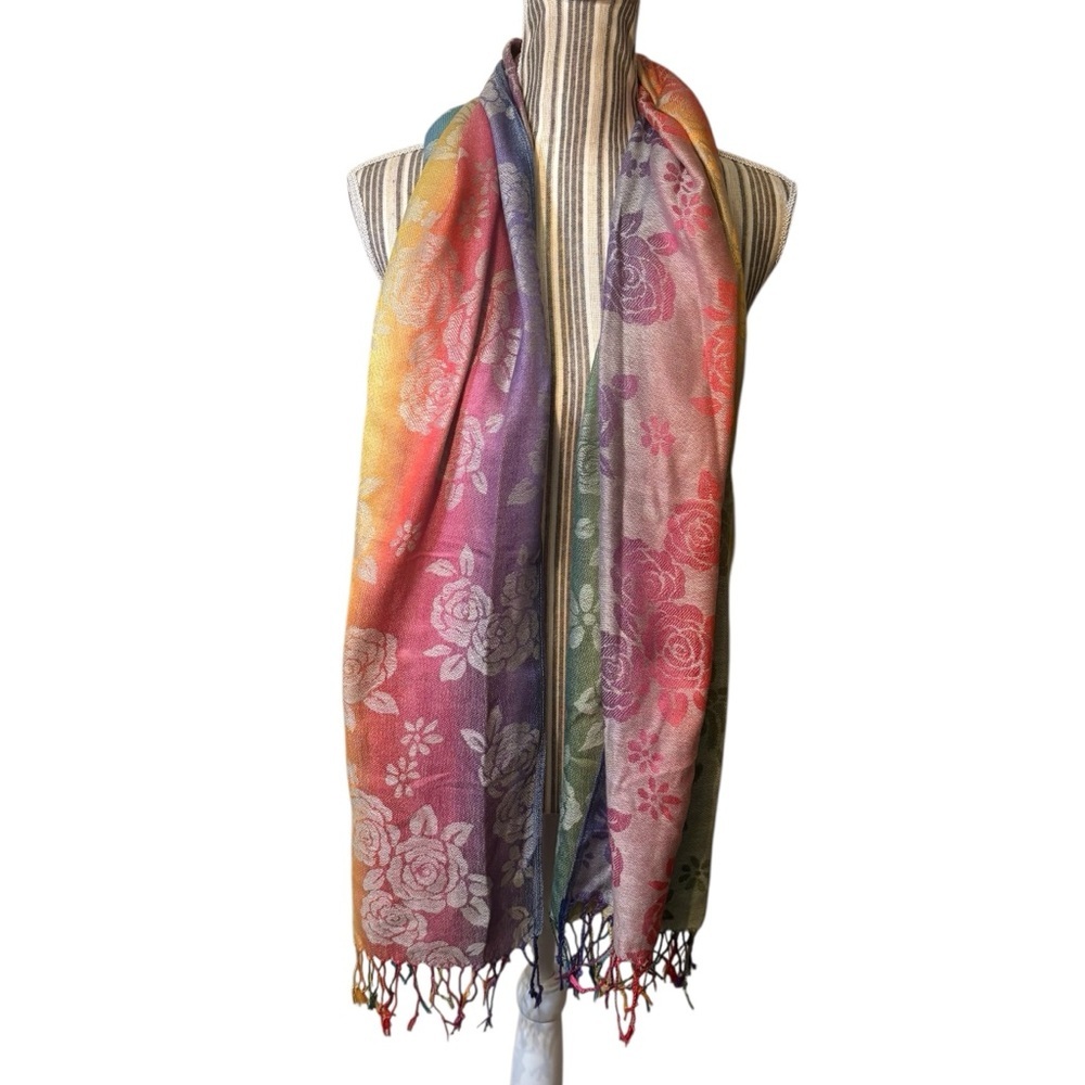 NEW 100% Pashmina Scarf / Wrap Rainbow Colors Floral Rose pattern Fringe Long